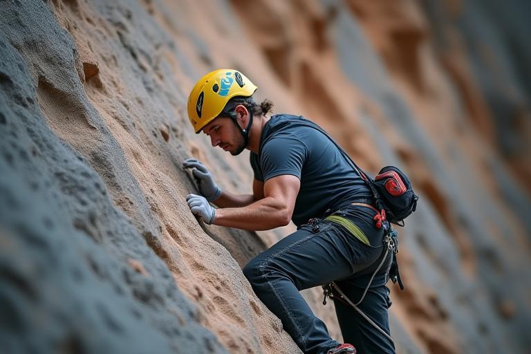 Climber leading a route on an outdoor rock face, placing quickdraws