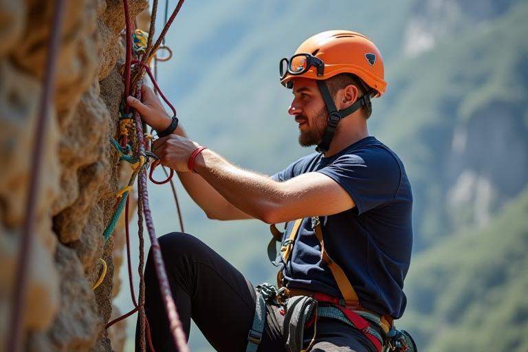 Climber practicing rescue techniques on a rope