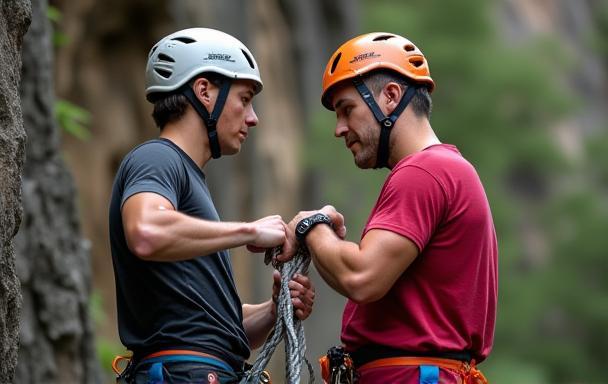 Two climbers demonstrating proper belaying technique outdoors