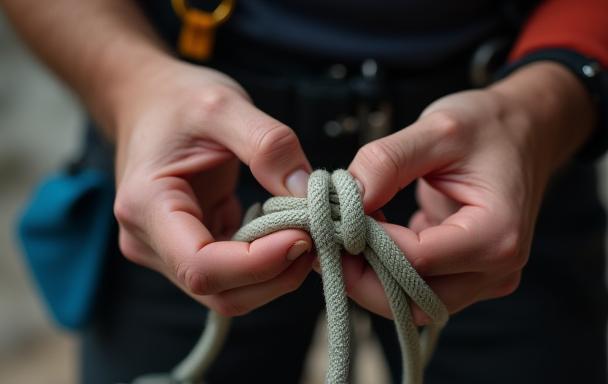 Close up view of a climber tying a figure-eight knot, essential for safety