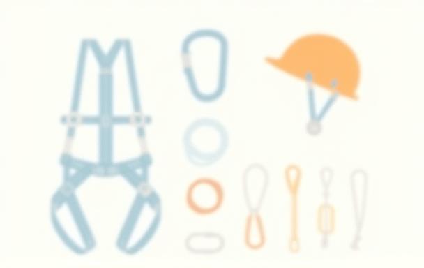 Illustration of essential climbing safety gear including harness, helmet, rope, and carabiners