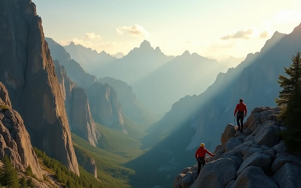Panoramic view of climbers on a rock face in the Italian Dolomites