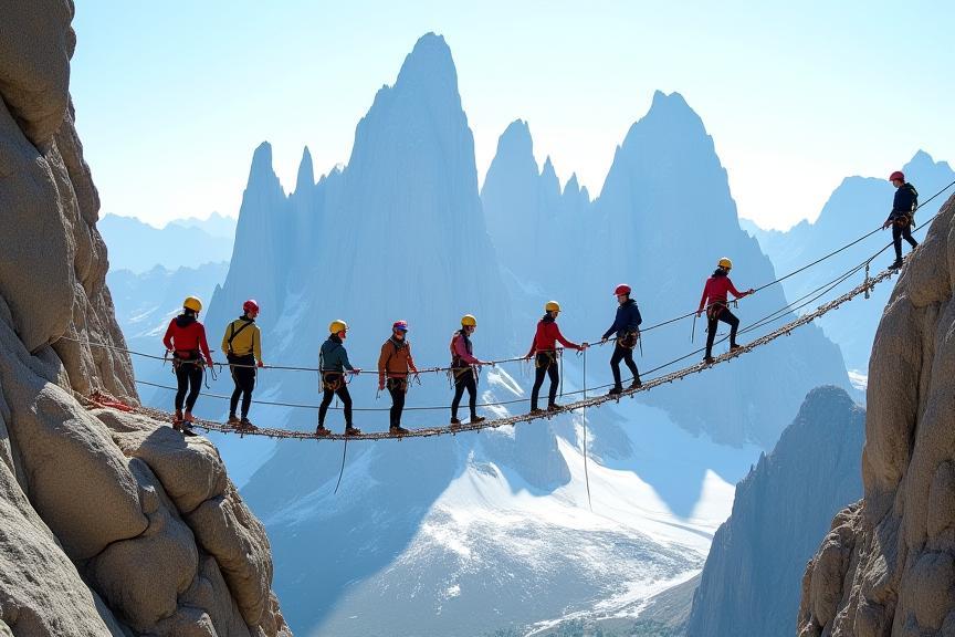 Group on a Via Ferrata route with stunning mountain backdrop in the Dolomites